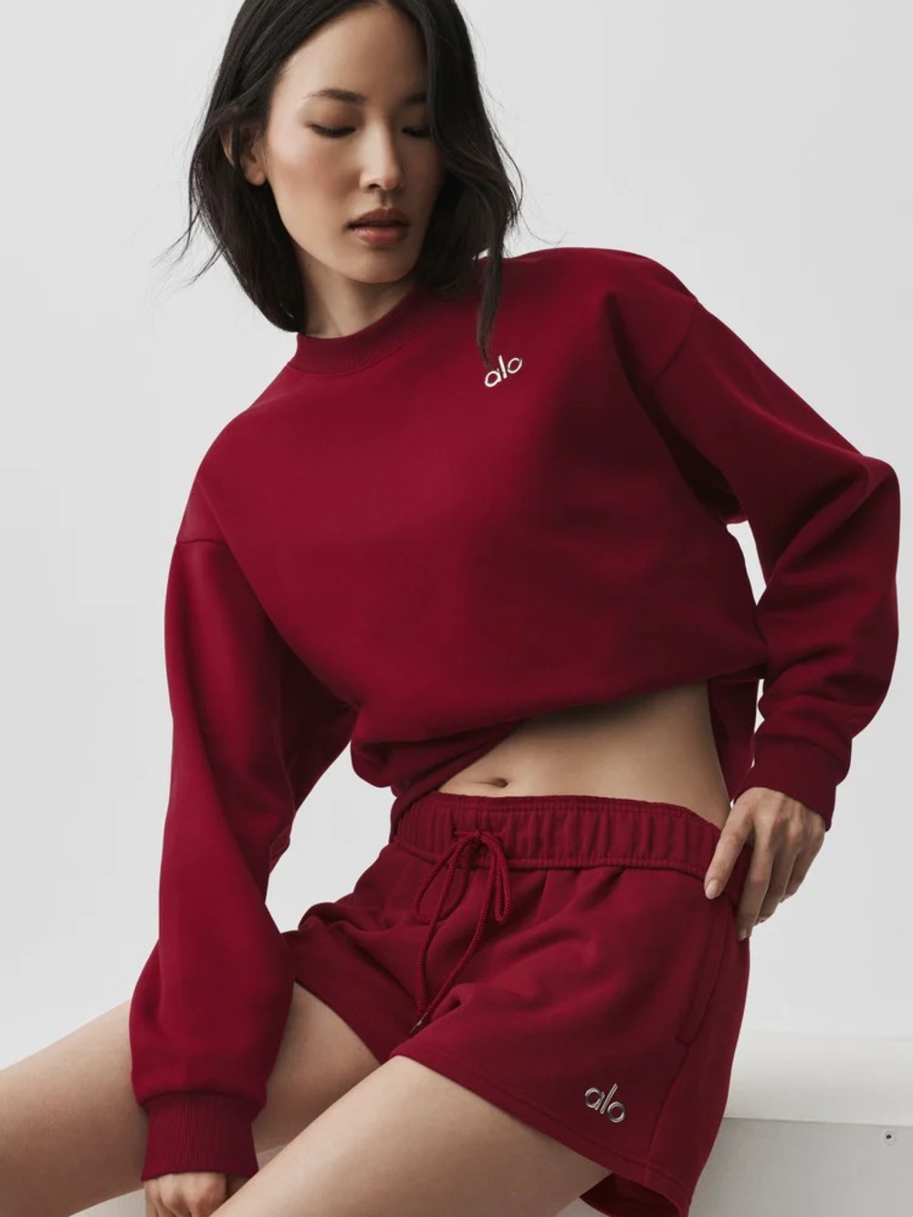 Alo Accolade Crew Neck + Straight Leg Sweatpants + Shorts in Summer Romance Red - Picture 5 of 9